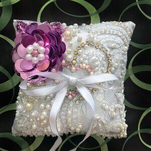 Bridal Wedding Ring Pillow with Sequin Rose. New Handmade OOAK